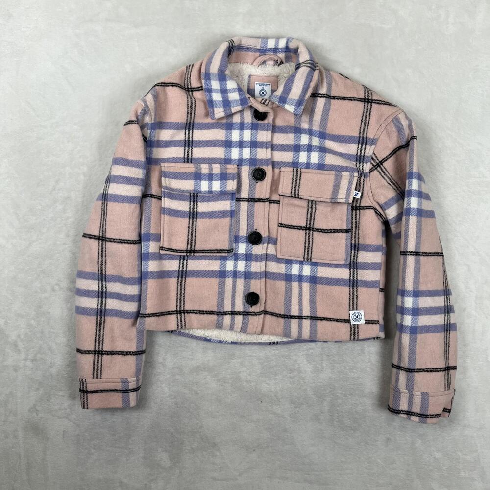 Hurley Shirt Jacket Girls S Pink Plaid Sherpa Lined Button Front Fleece Flannel